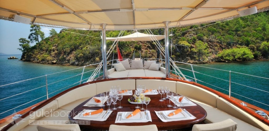 Dinner table on the luxury wooden boat